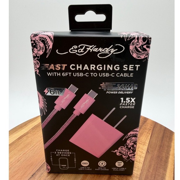 Ed Hardy Pink Headphones & 20W Fast Charging Bundle 0194 - Picture 4 of 5